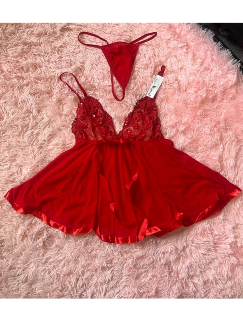 NWT Velvet Kitten red lace and mesh babydoll w/ sequins and matching thong